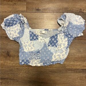 Hollister Blue and White Patchwork Crop Top